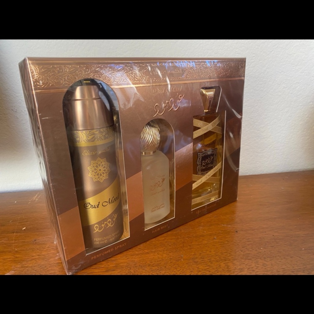 Lattafa Oud Mood 3 PC Gift Set EDP Perfume + Hair Mist + Body Spray NEW Unisex - Picture 3 of 3